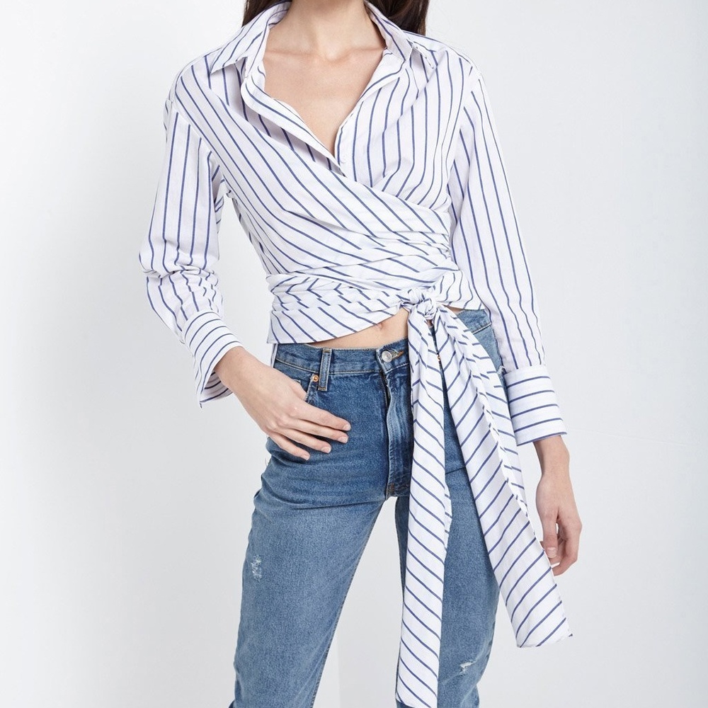 White indigo stripe wrap-over shirt.